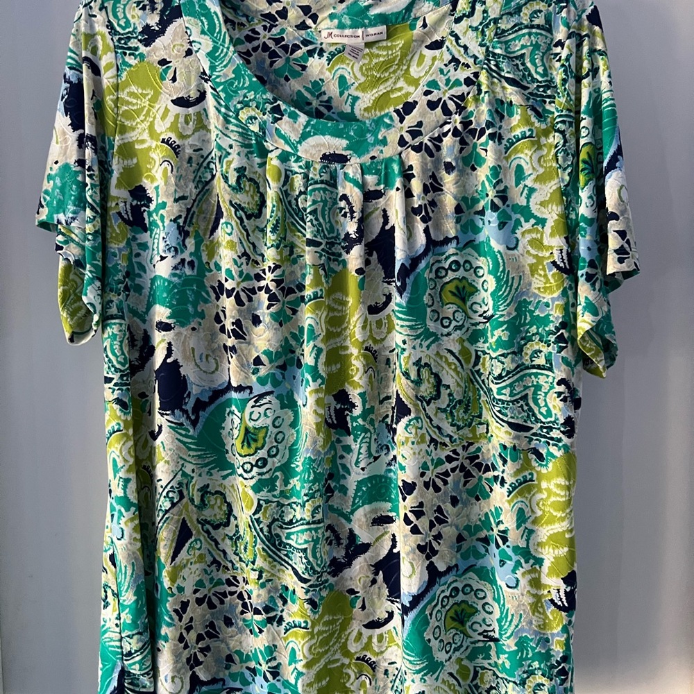 JM Collection Paisley Short Sleeve Top - Green, Blue, White